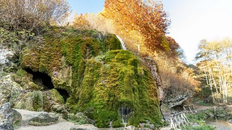 Ferien in der Eifel: ein erster Einblick Moosbedeckter Felsen mit kleinem Wasserfall und Herbstbäumen