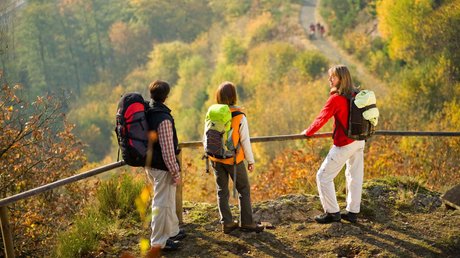 Ferien in der Eifel: ein erster Einblick Drei Wanderer mit Rucksäcken betrachten herbstliche Landschaft von einem Aussichtspunkt