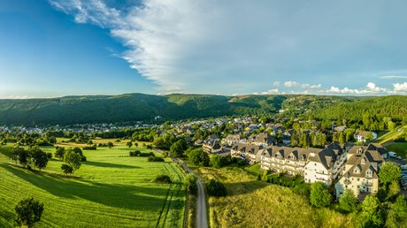 Ferien in der Eifel: ein erster Einblick Dorf am Waldrand mit grünen Feldern und blauem Himmel bei Sonnenlicht.