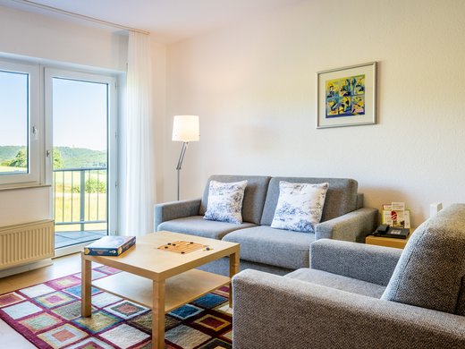 Ihre Unterkunft in Gemünd – Langzeitaufenthalt mit extra Service Helles Wohnzimmer mit grauem Sofa, Sessel, Holztisch und Blick ins Grüne