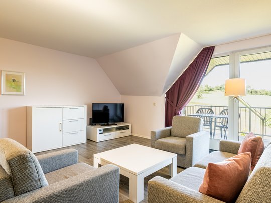 Ihre Unterkunft in Gemünd – Langzeitaufenthalt mit extra Service Helles Wohnzimmer mit grauen Möbeln, weißem Tisch, TV und Balkon mit Blick ins Grüne