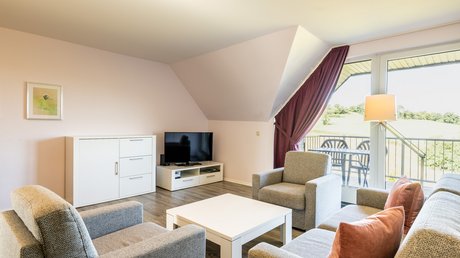 Ferien in der Eifel: ein erster Einblick Helles Wohnzimmer mit grauen Möbeln, weißem Tisch, TV und Balkon mit Blick ins Grüne