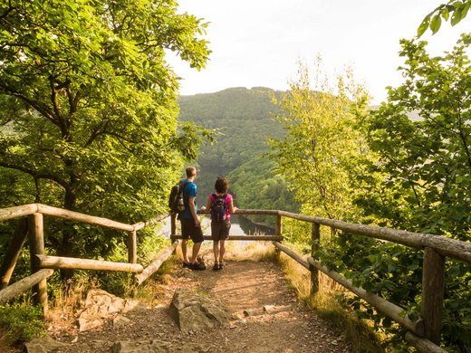 Von der Ferienwohnung Schleiden-Gemünd in den Nationalpark Zwei Wanderer stehen auf einem Holzweg und blicken ins bewaldete Tal mit Fluss