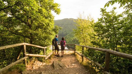 Ferien in der Eifel: ein erster Einblick Zwei Wanderer stehen auf einem Holzweg und blicken ins bewaldete Tal mit Fluss