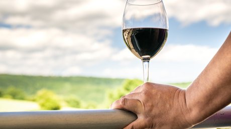 Ferien in der Eifel: ein erster Einblick Hand hält Weinglas mit Rotwein auf einem Metallgeländer bei Tageslicht