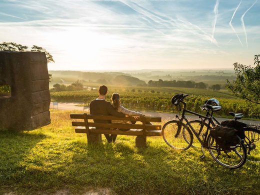Eine Ferienwohnung in der Eifel mit Sauna und Gym Paar sitzt auf Bank mit Fahrrädern und blickt auf sonnige Weinberglandschaft