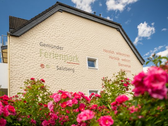 Ferienwohnungen in Gemünd mit dem gewissen Extra Hauswand mit Text Gemünder Ferienpark Salzberg und bunten Rosen im Vordergrund