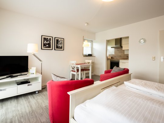 Ferienwohnungen in Gemünd mit dem gewissen Extra Helle Einzimmerwohnung mit Bett, roten Sesseln, Fernseher, Esstisch und kleiner Küche