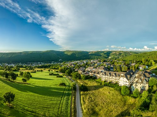 Ferienpark Gemünd: privacy Village by forest edge with green fields and blue sky in sunlight.