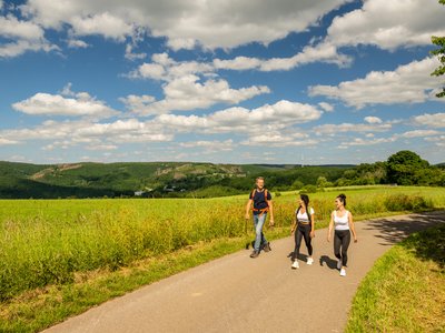 Holidays in the Eifel region: Want a change of pace? Three people hiking on a path in a green landscape under a blue sky